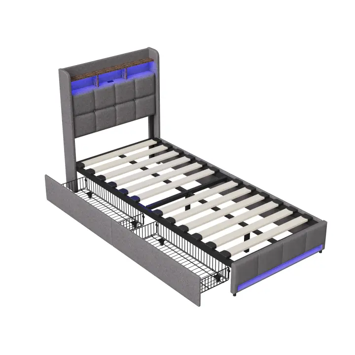 Cama Individual 90x200 cm – Tela Gris con LED, Cajones y Puertos USB/Type-C - 1