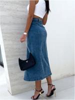 Falda Larga De Color Sólido Con Botones Cintura Alta Y Abertura Para Mujer Estilo Elegante Versátil Para Salida De Citas Y Trabajo Primavera Denim - details 3