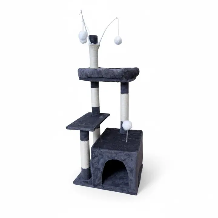 COTTECOTA-Rascador para Gatos Gris con Cueva, Plataformas y Juguetes Colgantes – Torre Multifuncional 40X40X125cm - 1
