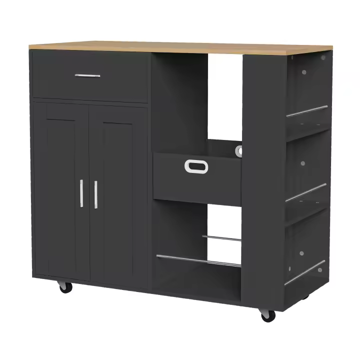 Carrito de isla de cocina Superaly negro con ruedas con estante y cajones, encimera de cocina, isla de cocina independiente, mesa rodante, para sala de estar, muebles de comedor - 1