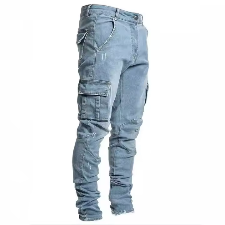 Jeans Elásticos Para Hombre En Denim Con Varios Bolsillos Estilo Casual Slim Fit mid Waist Pantalones De Ropa Diaria Cargo - 1