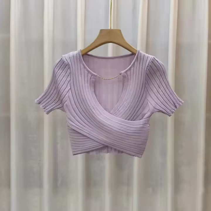 Top Ribbed Para Mujer Con Cadena Crisscross Y Cuello V Corto De Encaje Knitted Ajustado Estilo Y2K Para Primavera Verano - 1