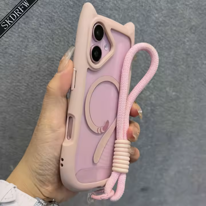 Funda De Teléfono Para iPhone Con Orejas De Gato Transparente Y Magnéticas De Acrílico Con Correa Para Muñeca Compatible Con Modelos 12 13 14 15 16 17 - 1