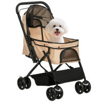 PawHut Carrito para Perros Plegable Cochecito para Perros Pequeños Cochecito para Mascotas con Mango Reversible Ventana de Malla Cesta y Cuerda de Seguridad Carga 10 kg 76,5x52x95 cm Marrón - details 0