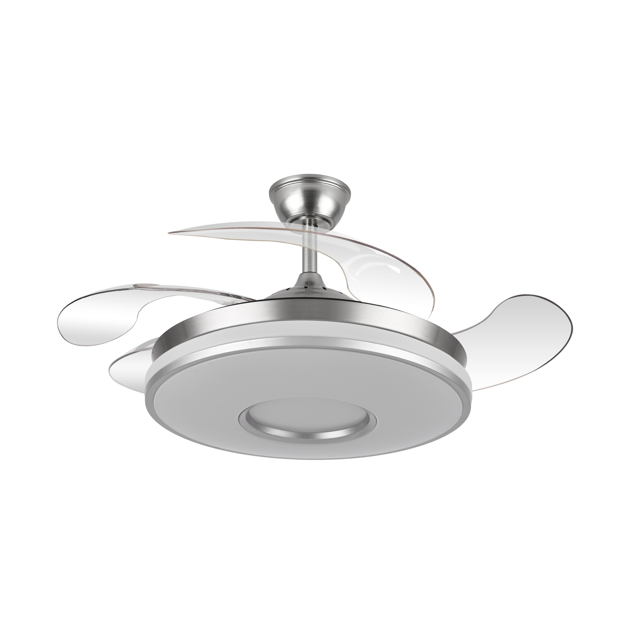 DANI NIQUEL - Fabrilamp Ventilador Dani 59w Niquel 4 aspas desplegables 107d 6980lm 3000-4000-6000k LED Regulable Remoto Temporizador Memoria - Abrila