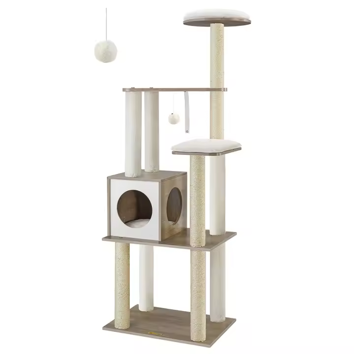 FEANDREA Árbol para Gatos, Torre Moderna de Gatos 165 cm, 5 Postes para Arañar, Cojines Lavables y Desmontables, Plataforma, Cueva, Muebles de Interior para Gatos, Greige/Marrón Rústico - 1