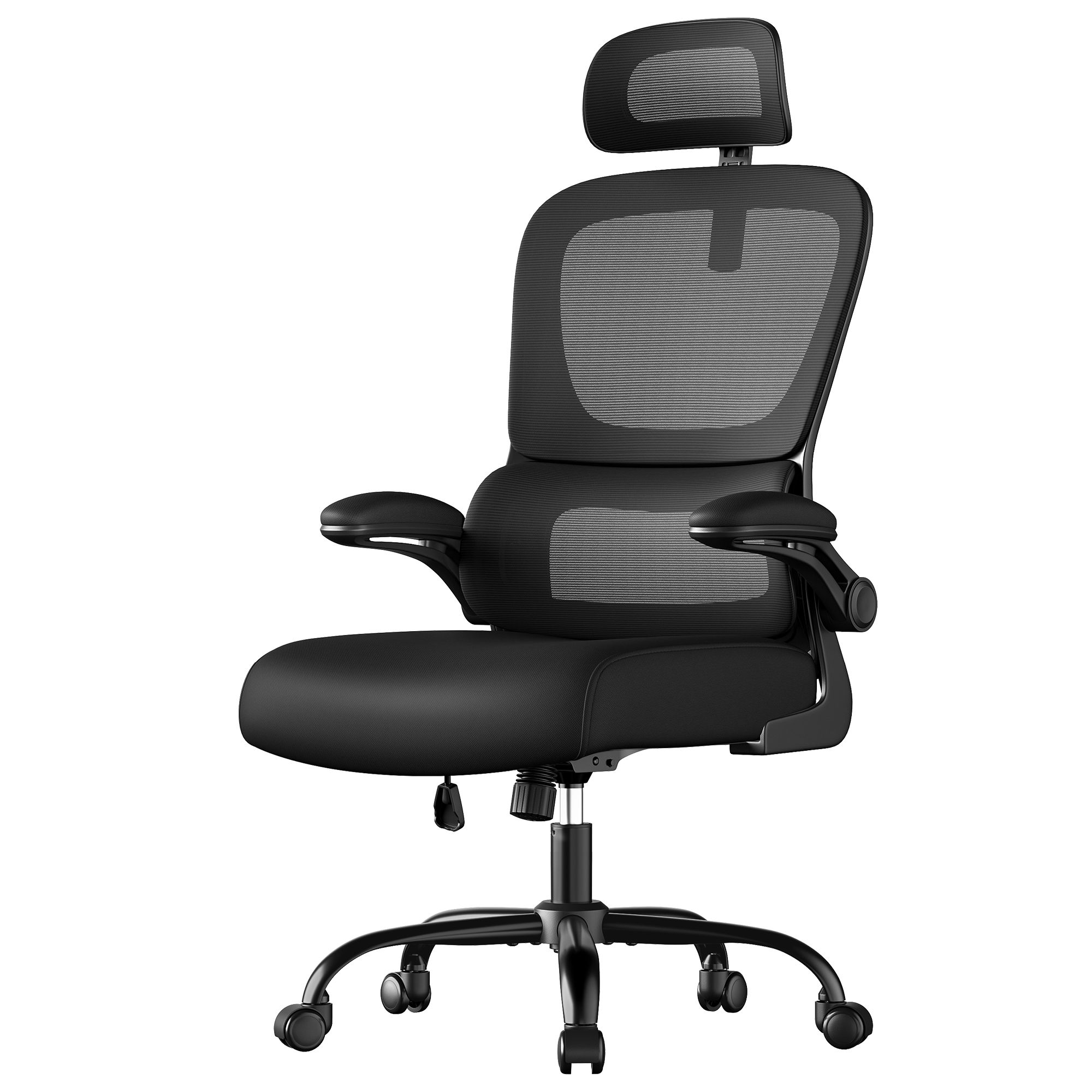 SONGMICS Silla de Oficina, Silla de Escritorio, Ergonómica, Tejido de Malla de Doble Capa, Reposabrazos Plegables, Lumbar y Reposacabezas Ajustables, Mecedora, Negro Tinta/Gris Paloma/Beige Arena