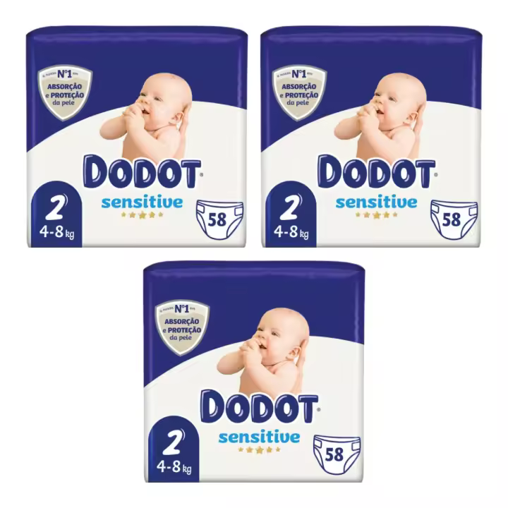 DODOT Pack de 3 Bolsas de 58 Pañales Bebé-Seco Pañales de 4 a 8 kg Talla 2 (174 Pañales en total) - 1