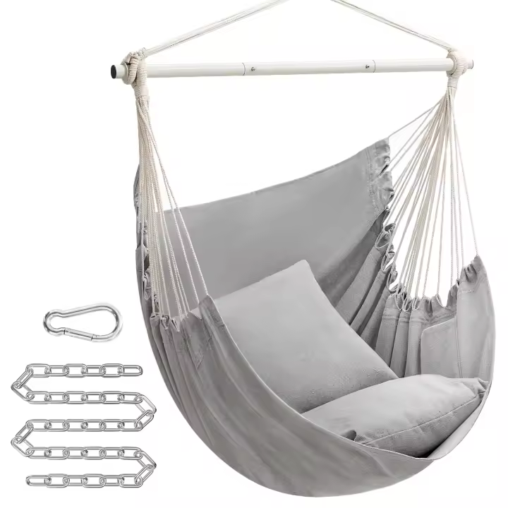 SONGMICS Silla Hamaca, Silla Colgante Grande con 2 Cojines, Silla Colgante con Cadena, Capacidad de Carga 150 kg, para Interior, Exterior, Salón, Dormitorio, Gris Paloma/Blanco Crema - 1