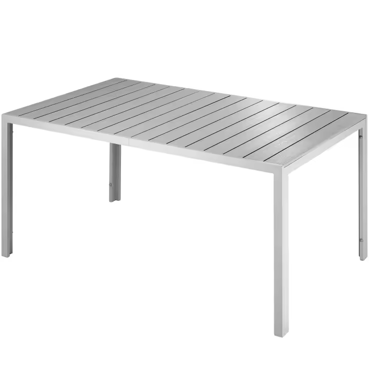 Tectake - Mesa de aluminio para jardín Bianca con patas ajustables en altura 150 x 90 x 74,5 cm Estructura estable e inoxidable de aluminio Tablero robusto con listones imitación madera Dos patas ajustables en altura - 1