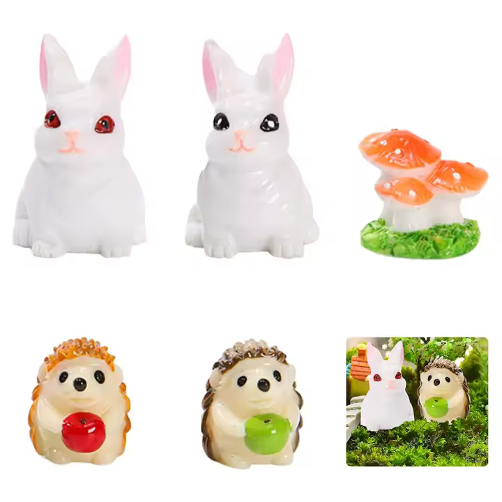 Adorno de conejo en miniatura de 5 piezas, mini erizos y setas de resina para decoración de micro paisajes - 1
