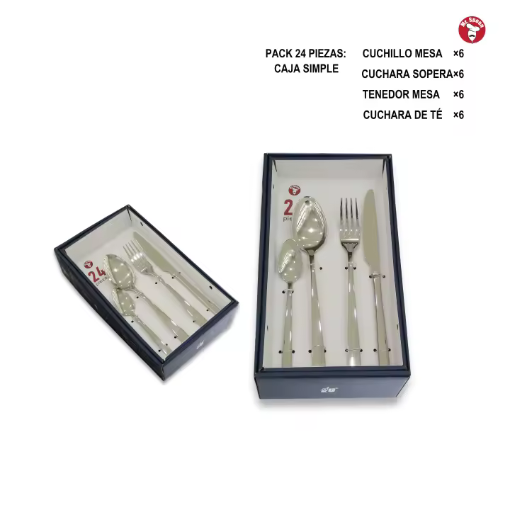 Mr.Spoon Serie Esencia Juego de 24 o 48 piezas cubiertos,Acero Inox 18/0,Económico y funcional,Incluye cuchillo de carne o mesa,tenedor,cuchara,cucharilla,Mango monobloque,Apto para lavavajillas,Empaque ecológico,Ideal para casa,hotel,restaurante,90302 - 1