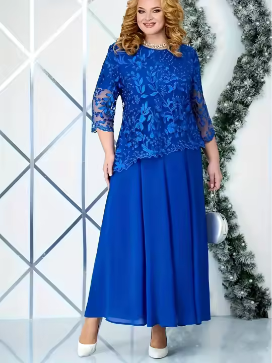 Vestido De Encaje Bordado Para Mujer plus Size Vestido De Cocktail Ajustado Para Primavera Y Verano De Polyester - 1