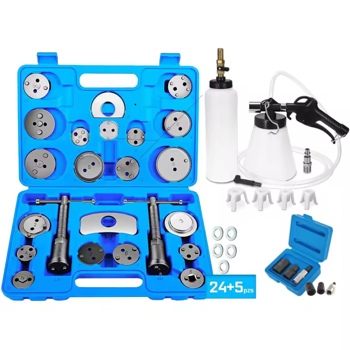JOMAFA - Kit herramientas para frenos: Reposicionador pistones de frenos 24+5 piezas + Sangrador de frenos + Puntas y vasos pentagonales - JMK10001 - 1