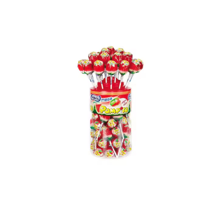 Vidal Mega Pompitos y Mega Palipica pintalenguas - 40 ud Caramelos con palo rellenos de chicle (chupachups) - Sabores: Sandía, Fresa, Cereza - 1
