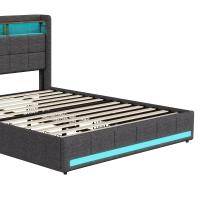 Cama tapizada capitoné con LED, puertos USB y Type-C, 4 cajones de almacenamiento, lino, beige y gris, 140x200 cm / 160x200 cm / 180x200 cm - details 8