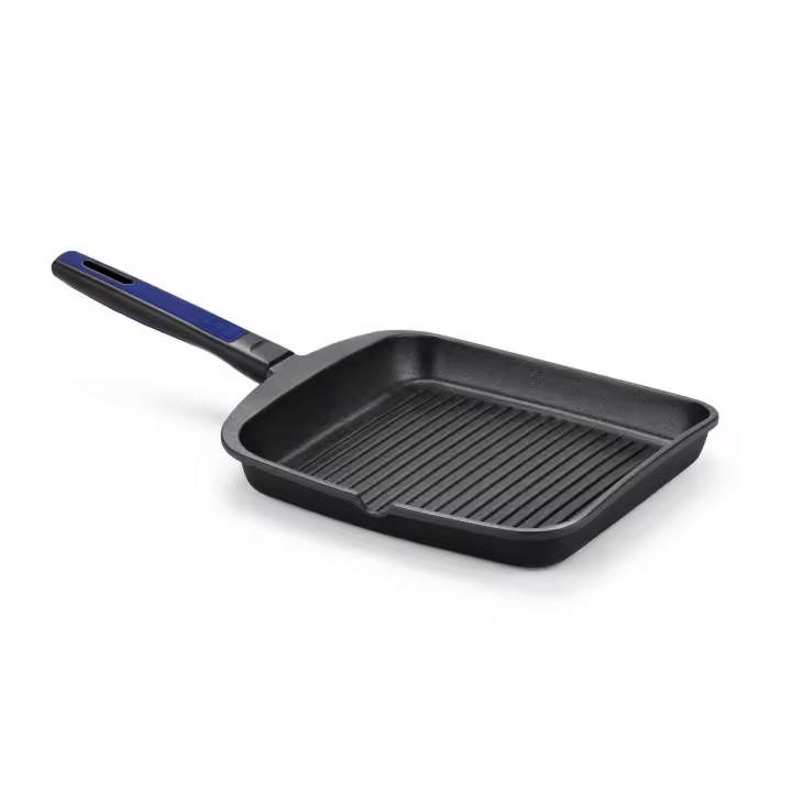 Bra - Grill con Rayas Advanced, 28 cm, Aluminio Fundido, Revestimiento Antiadherente Teflón, Mango Ergonómico Azul, Plancha Cocina Rayada - 1