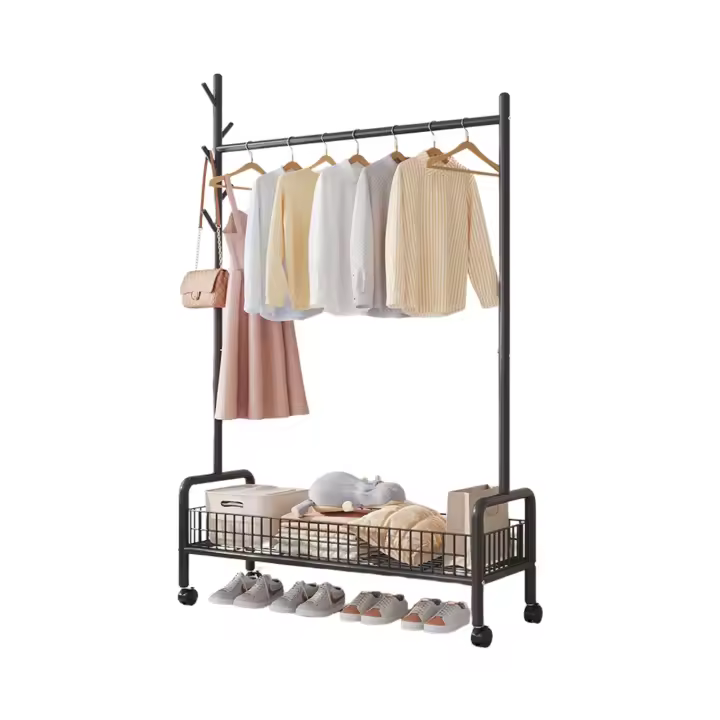 Perchero de Pie Multifuncional con Ruedas, Zapatero y Cesto de Almacenamiento para Ropa, Zapatos, Bolsos y Accesorios - Ideal para Salón, Dormitorio, Sala de Estar, Recibidor y Entrada - 1