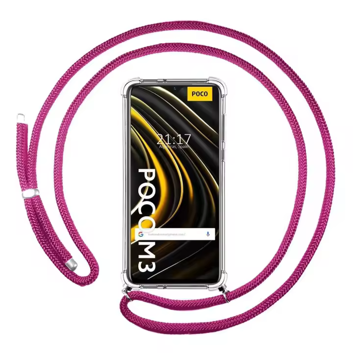 Tumundosmartphone Funda Colgante Transparente para Xiaomi POCO M3 / Redmi 9T con Cordon Rosa Fucsia - 1