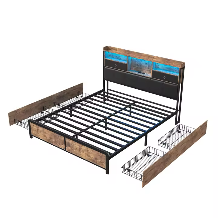 Cama 160x200 cm con cajones de tela, estructura metálica, cabecero con LED RGB, enchufe europeo y puertos USB, estilo industrial negro y madera - 1