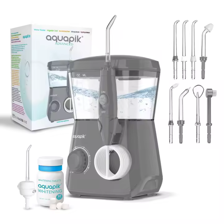 Irrigador Bucal Aquapik® ADVANCED con Kit Blanqueador | 8 Boquillas + Punta Nasal | 10 Niveles | Para Ortodoncia, Implantes y Encías Sensibles - 1