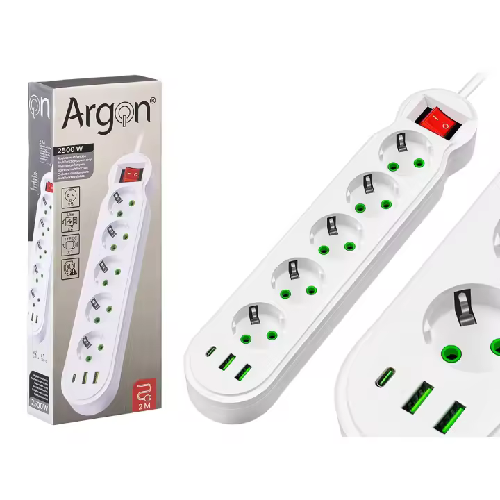 REGLETA DE 5 ENCHUFES MULTIFUNCIONAL 5 BASES Y 3 PUERTOS DE USB (2 USB + 1 TIPO C) ALARGADOR DE ENCHUFE INTERRUPTOR 2500W BLANCO, ALARGADERA DE ENCHUFES CON 2 METROS DE CABLE - 1
