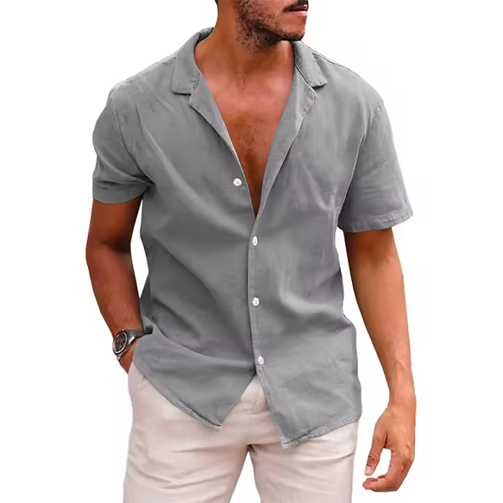 CA Camiseta de manga corta de lino de verano para hombre, talla grande, sudadera holgada, cárdigan con botones de color liso, camisa de algodón y lino para hombre - 1