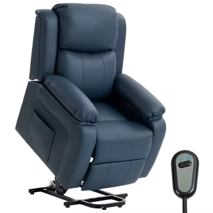 HOMCOM Sillón Relax Eléctrico Reclinable Levanta Personas, Sillón Elevador, con Respaldo Alto, Control Remoto, Reposapiés, Acolchado Grueso, Tapizado en PU, Bolsillos Laterales, Azul Oscuro - 1