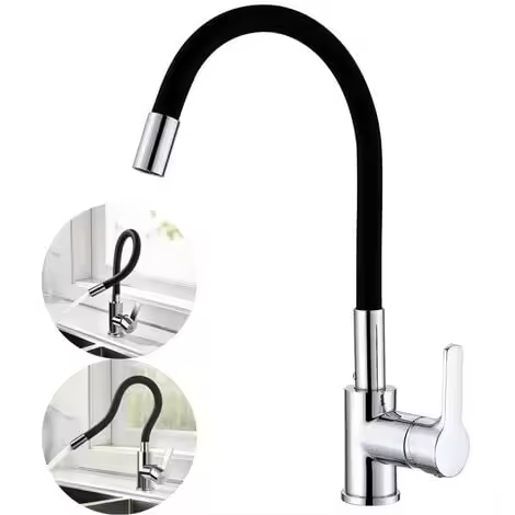 Grifo de cocina flexible, giratorio libremente, caño alto, mezclador de fregadero flexible, grifo de fregadero de un solo orificio cromado y negro para agua fría y caliente (tubo flexible) - 1