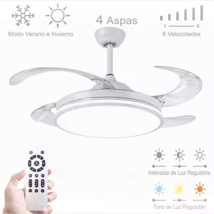 Ventilador de techo con luz LED Blanco en 3 Temperaturas de Luz con Mando a Distancia -Motor DC Eficiente y Silencioso, 3 tonalidades, aspas desplegables retráctiles, 6 velocidades, control remoto, memoria, temporizador. - 1