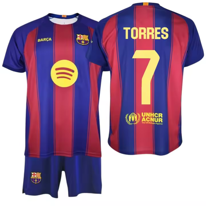 F.C Barcelona - Conjunto Camiseta y Pantalón Niño - Jugador TORRES Nº7 - Diseño Blaugrana Clásico - Escudo Bordado - Tejido Transpirable - Ideal para regalo - 1