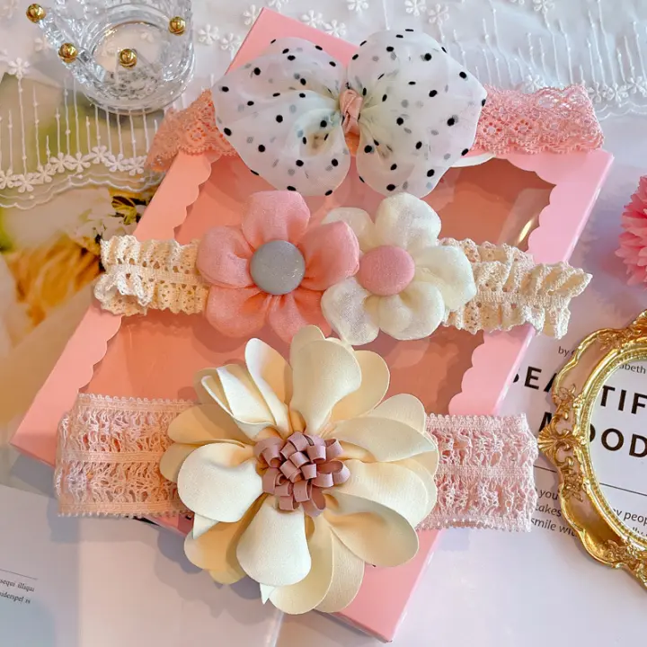 3Pcs Lote Diadema De Encaje Con Lazo Para Bebés Niñas Diademas Elásticos Con Flores Estilo Coreano Para Fotografía De Recién Nacidos - 1