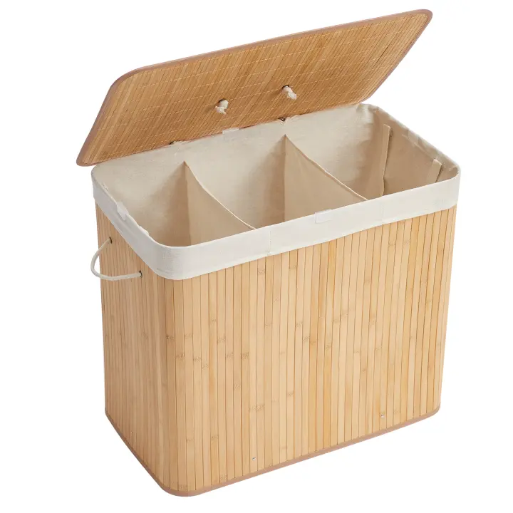 SONGMICS Cesto de la Ropa Sucia con Tapa, 3 compartimentos, 170 L, Cesta de Lavandería de Bambú, Plegable, con Bolsa Lavable Extraíble, Asas, para Lavandería, Dormitorio, Blanco/Natural - 1