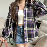 Camisa Plaid Morada Para Mujer Manga Larga Abrigo Casual Suéter De Verano Con Botones Abiertos Estilo Joven Talla Grande - details 1