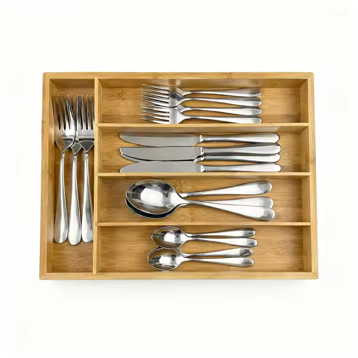 Arbutus Organizador de Cubiertos de Bambú con 5 Compartimentos Clasifica Cubiertos y Utensilios Base Antideslizante 35x25x4.5cm Ideal para Cajones de Cocina - 1