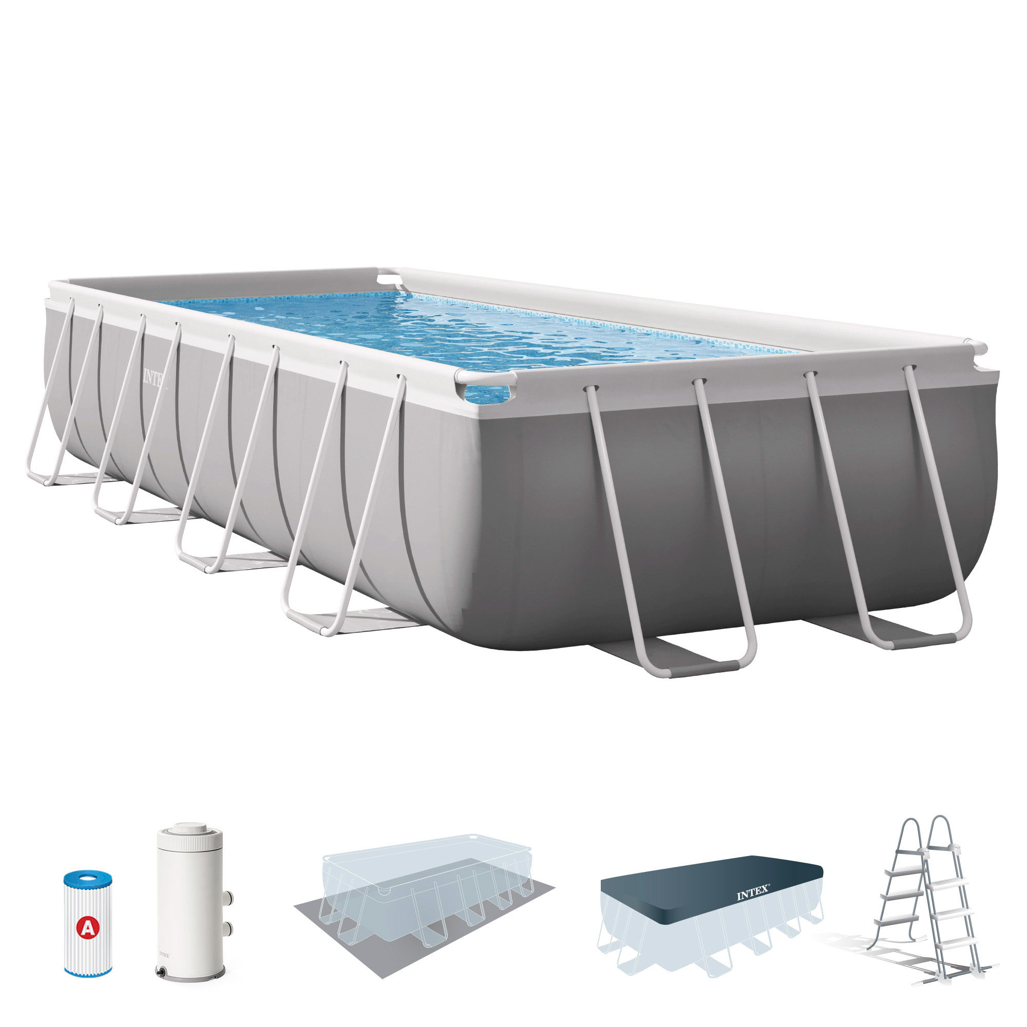 INTEX - Piscina desmontable rectangular Prism Frame de hasta 5 metros, incluye depuradora y escalera, color gris, resistente y duradera, +6 años, 45-60 min. montaje, piscinas desmontables grandes, piscinas familiares