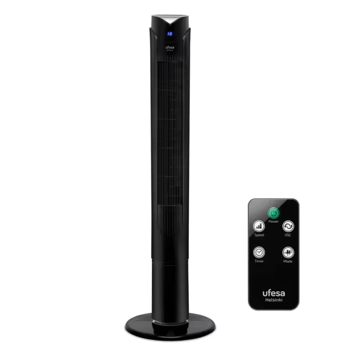 Ufesa - Ventilador de torre Helsinki de 1 metro con panel táctil, mando a distancia y pantalla LED para temperatura ambiente, 3 velocidades y 3 modos, oscilación amplia para mayor difusión del aire en salón o dormitorio - 1