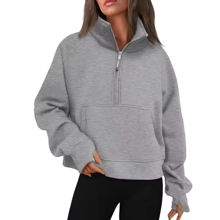 Nueva Sudadera De Mujer Con Capucha Cuello Erguido Otoño Invierno Color Sólido Fleece Manga Larga Bolsillos Cierre Media Pullover Suave - 1