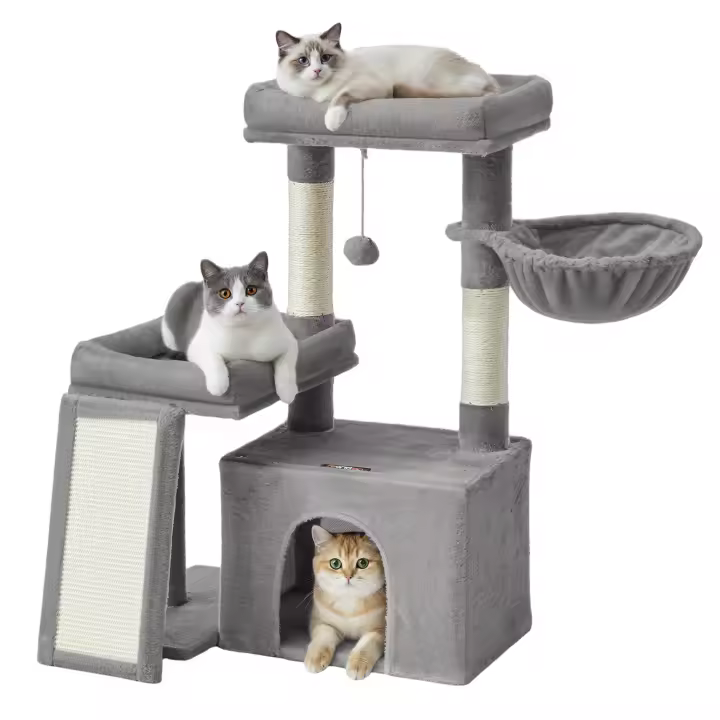 Feandrea Árbol para Gatos, Torre de Juegos con 2 Camas Grandes, Postes Rascadores y Rampa, 85,8 cm de Altura, Gris Paloma/ Gris Oscuro/ Beige Arena - 1