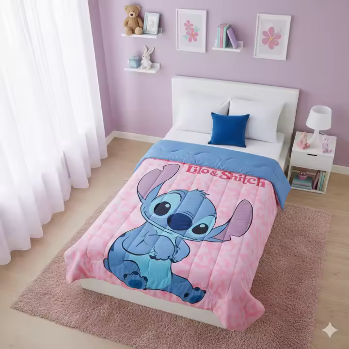 Edredón Stitch Rosa 170x270 cm - Diseño Oficial Disney, Suave y Ligera para Cama Infantil Estilo Divertido-Mister License Company Sl. - 1