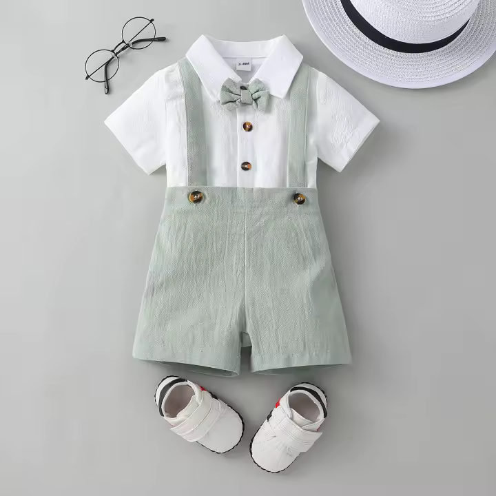 Conjunto Formal Para Bebé Niño 2PCS Ropa Sólida Con Camisa Corta Y Corbata Y Overoles Shorts Para Vestir Formal - 1