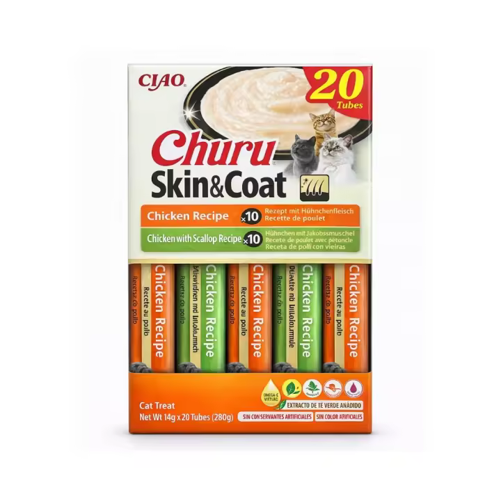 CHURU Skin & Coat Variedad de Pollo (20x14 gr) - Snack Cremoso para Gatos para el Cuidado de la Piel y el Pelaje (Pollo y Pollo con Vieira) - 1