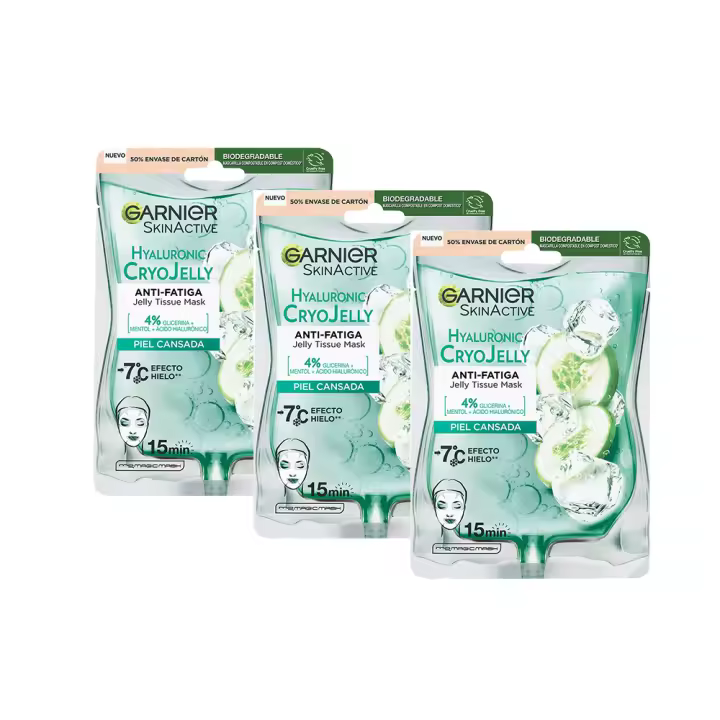 Garnier Tissue Mask Hyaluronic Cryo Jelly Antifatiga para pieles cansadas. 4% de Glicerina + Mentol + Ácido Hialurónico. - 1