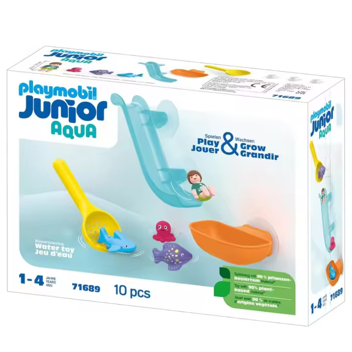 PLAYMOBIL Junior Aqua (71689) Diversión en tu bañera con la pesca de animales del mar, incluye tiburon, pulpo, pez globo y tobogan con ventosa, para niños de 12 meses, novedades - 1