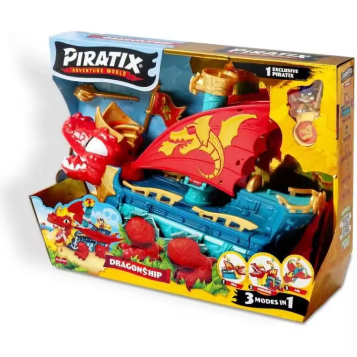 PIRATIX Dragon Ship – Barco Dragón de Piratix Todo Terreno 3 en 1: Tierra, Mar y Aire. Contiene 1 Barco Dragón, 1 Piratix Exclusivo, 1 Tesoro Exclusivo, 1 Bandera y 1 proyectil (Magic Box PPXSP11230) - 1