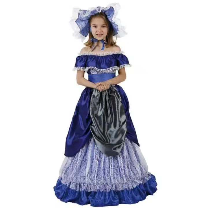 Fyasa - Disfraz de Dama Sureña Infantil - Azul - Vestido y Sombrero - Ideal para Fiestas Temáticas - 1