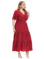 Vestido Bohemio Casual De Polka Dot Para Mujer plus Talla Con Vuelta Corta Y Cuello En V Traje De Verano De Polyester - details 7