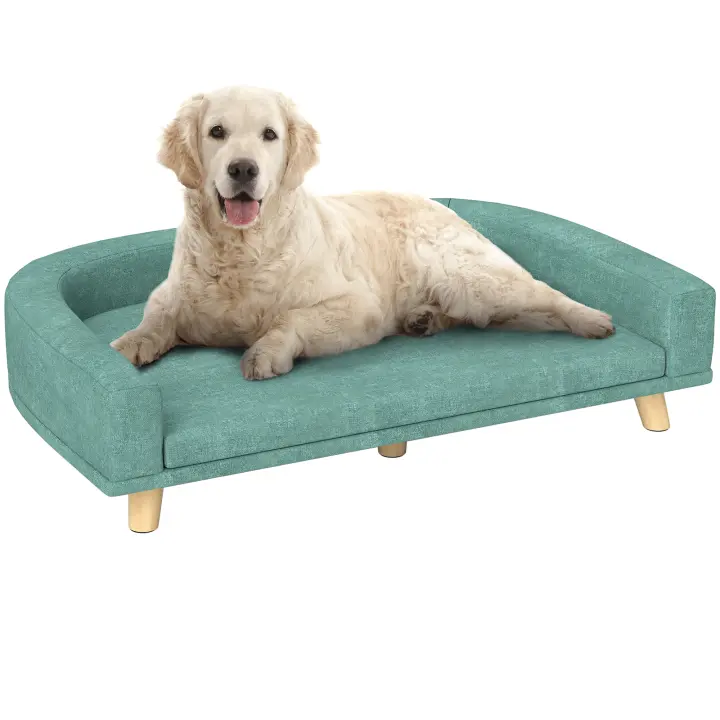PawHut Sofá para Perros Grandes 98x67x25 cm Cama Elevada para Perros Tapizada con Cojín Lavable y Patas de Madera de Pino Carga 30 kg Verde - 1