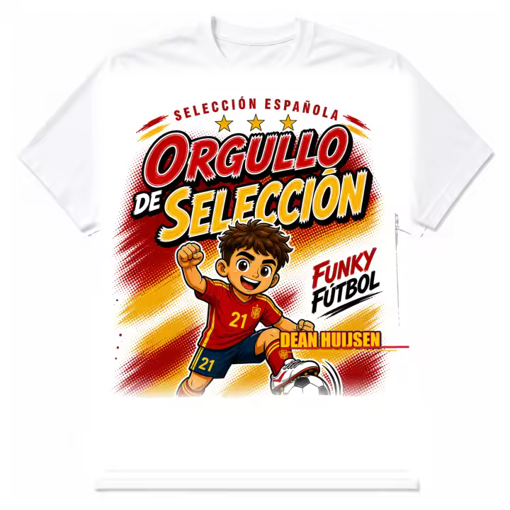 Stock Futbol Camiseta Blanca Selección Española 2026 Muñeco Funky Dean Huijsen, Frase Orgullo de selección, Diseño Fútbol Rojo y Amarillo para Afición España - Talla S - 1