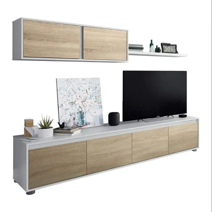 MOBELCENTER - Mueble salón Moderno Alida, Módulo TV, Módulo Superior y Estante - Blanco Artik y Roble Canadian - An: 200cm x Al: 43cm x F: cm (0903) - 1